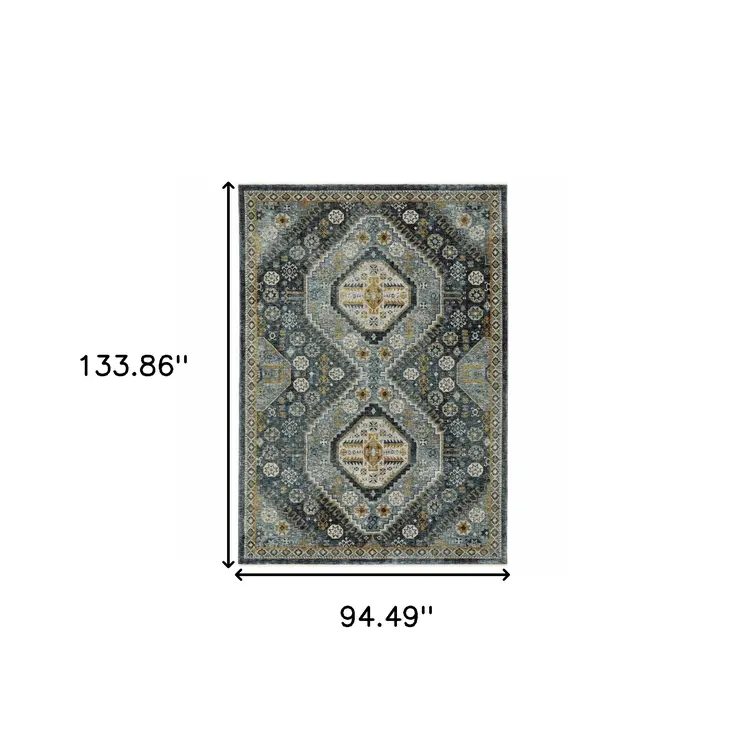 8' X 11' Blue And Gold Oriental Area Rug With Fringe