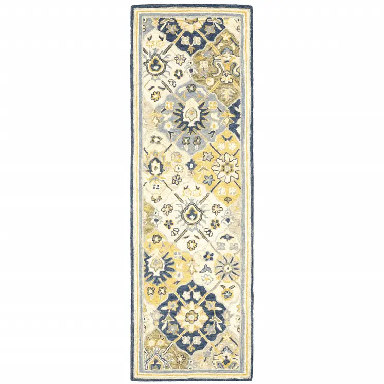 8' Blue And Gold Wool Geometric Hand Tufted Distressed Runner Rug