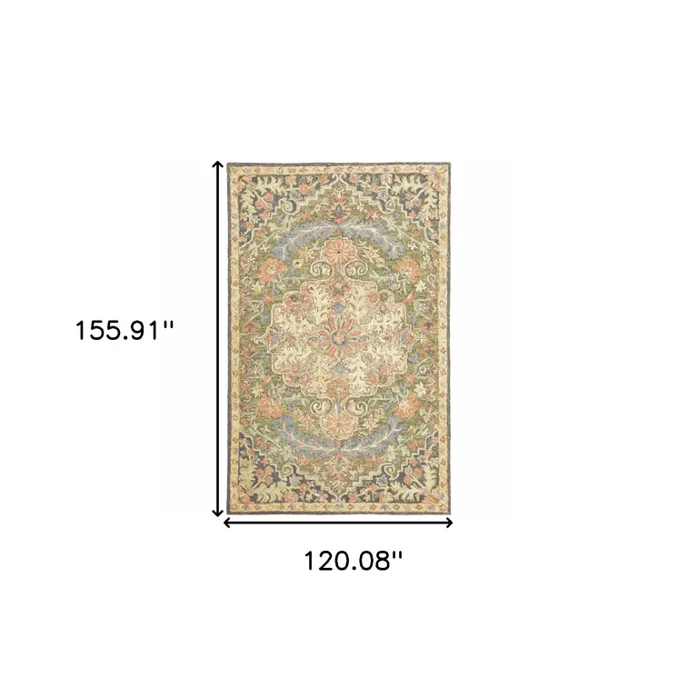 10' X 13' Blue And Green Wool Oriental Hand Tufted Distressed Area Rug