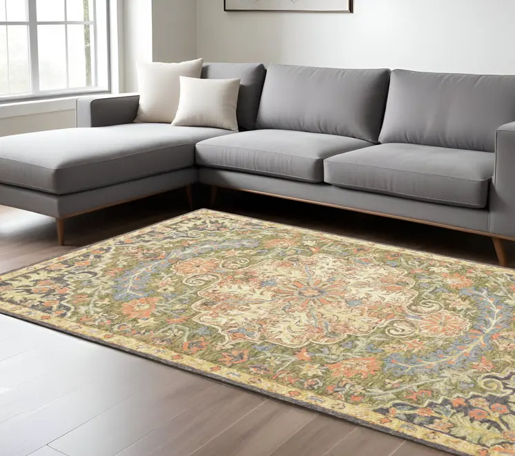 10' X 13' Blue And Green Wool Oriental Hand Tufted Distressed Area Rug