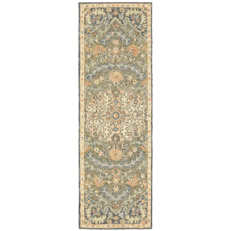 8' Blue and Orange Oriental Hand Tufted Runner Rug