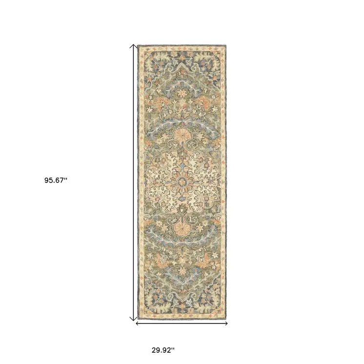 8' Blue and Orange Oriental Hand Tufted Runner Rug