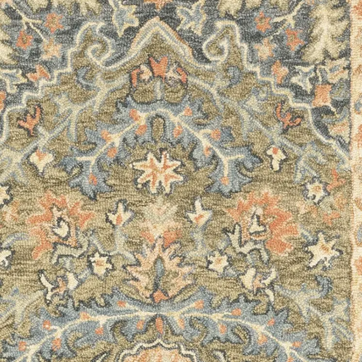 8' Blue and Orange Oriental Hand Tufted Runner Rug