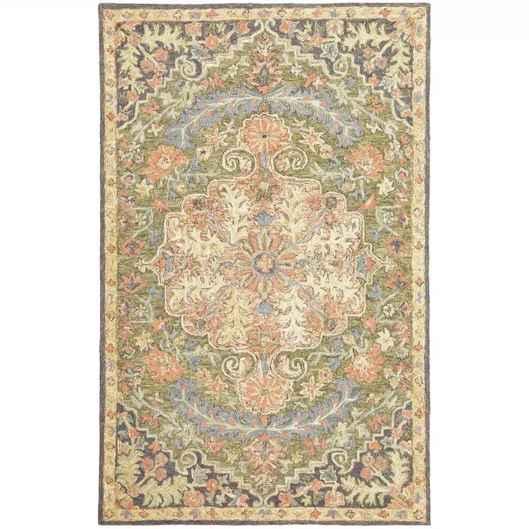4' X 6' Blue Green Clay And Gold Oriental Tufted Handmade Stain Resistant Area Rug