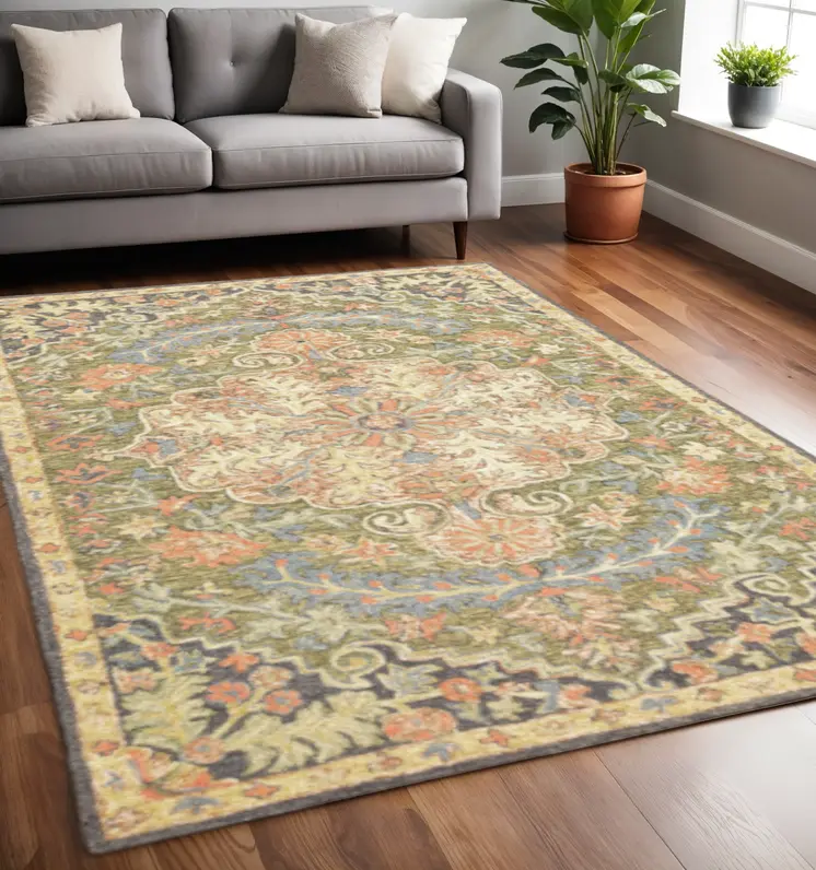 4' X 6' Blue Green Clay And Gold Oriental Tufted Handmade Stain Resistant Area Rug