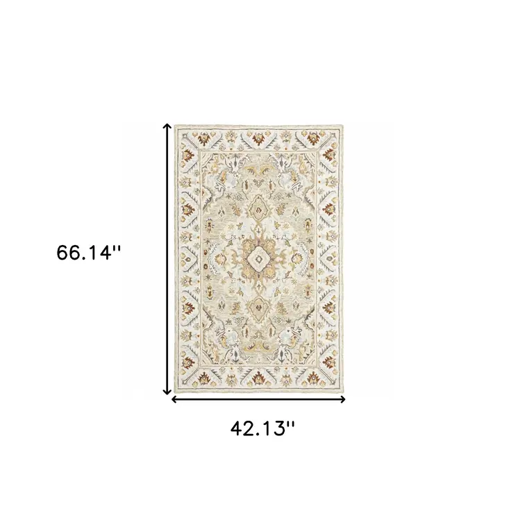 4' X 6' Ivory Beige Gold And Muted Grey Oriental Tufted Handmade Stain Resistant Area Rug