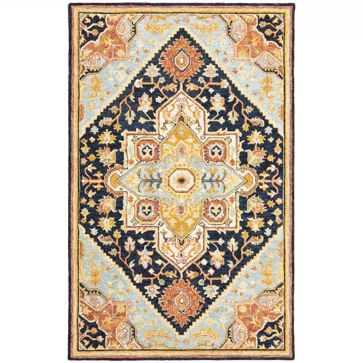 4' X 6' Navy Rust Blue Ivory And Gold Oriental Tufted Handmade Stain Resistant Area Rug