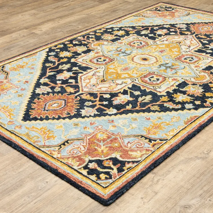 4' X 6' Navy Rust Blue Ivory And Gold Oriental Tufted Handmade Stain Resistant Area Rug