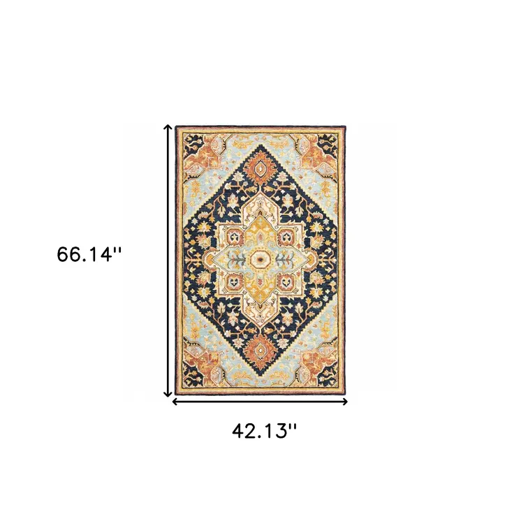 4' X 6' Navy Rust Blue Ivory And Gold Oriental Tufted Handmade Stain Resistant Area Rug