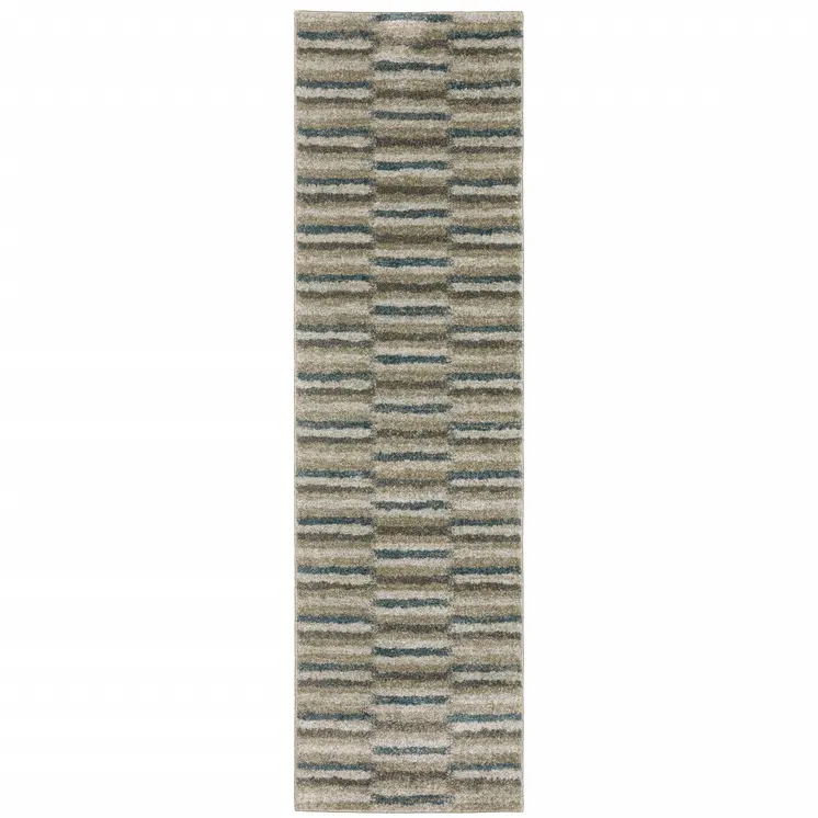 8' Beige And Blue Abstract Distressed Runner Rug