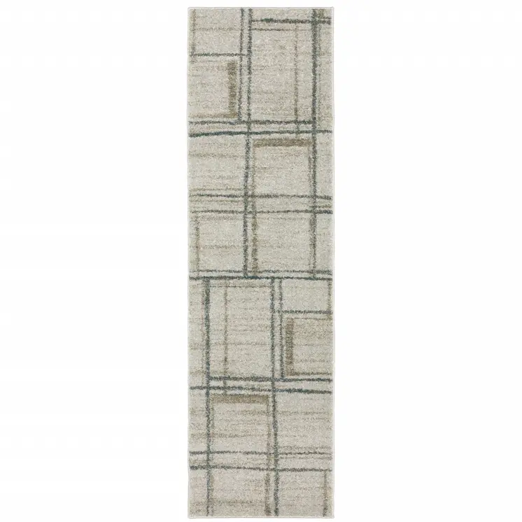 8' Beige And Blue Geometric Distressed Runner Rug