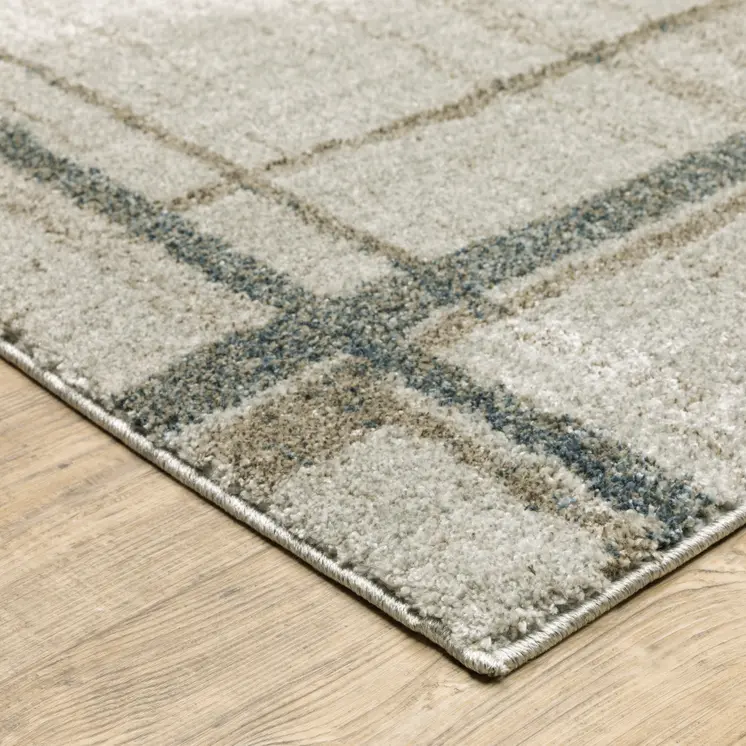 8' Beige And Blue Geometric Distressed Runner Rug