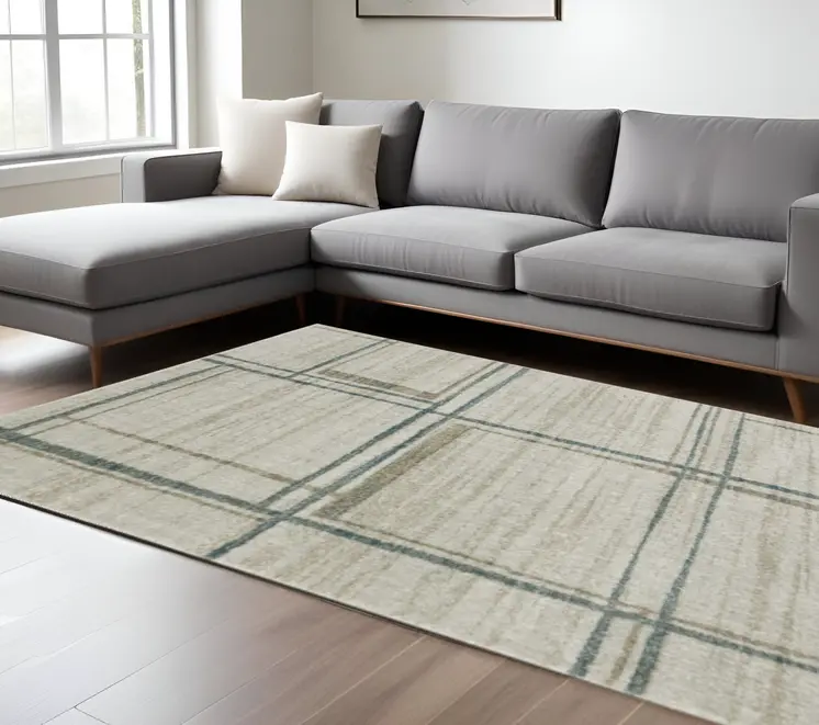 7' X 10' Grey Teal Beige and Tan Geometric Power Loom Area Rug