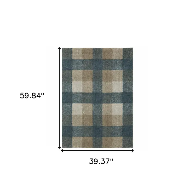 3' X 5' Blue And Beige Geometric Distressed Area Rug