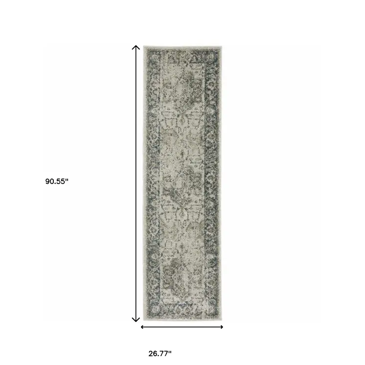 8' Beige And Blue Oriental Distressed Runner Rug