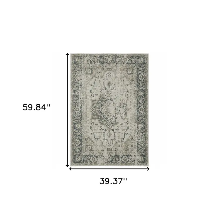3' X 5' Beige And Blue Oriental Distressed Area Rug