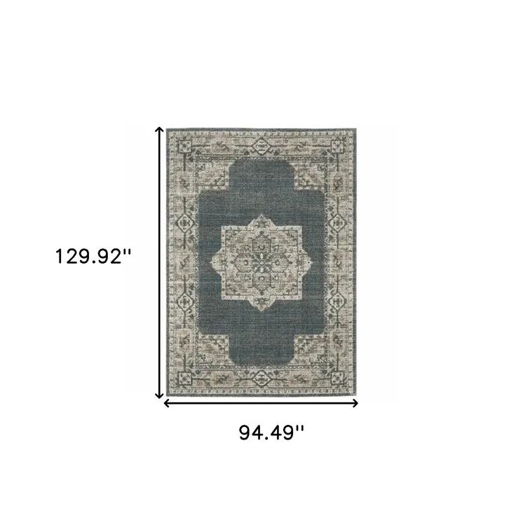 8' X 11' Blue and Beige Oriental Power Loom Area Rug