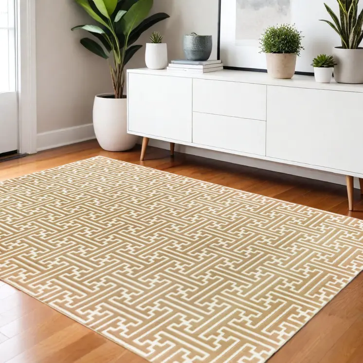 4' X 6' Gold And Ivory Geometric Area Rug