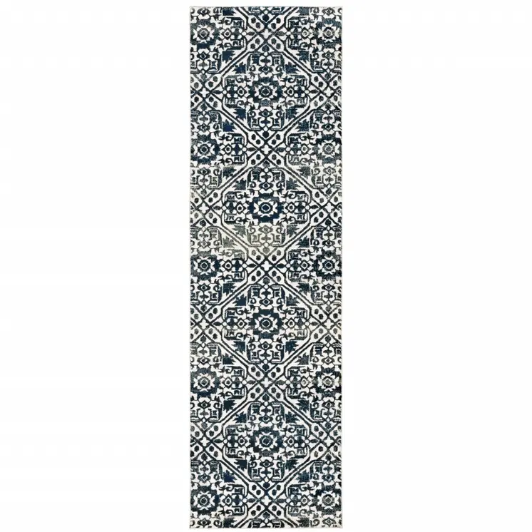 2' X 8' Navy And Ivory Geometric Power Loom Stain Resistant Runner Rug