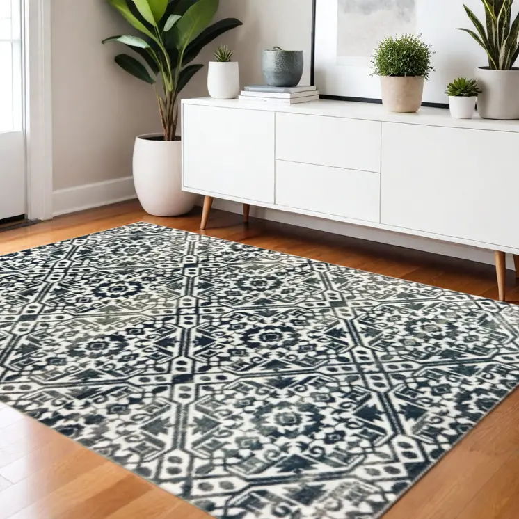 4' X 6' Navy And Ivory Geometric Power Loom Stain Resistant Area Rug
