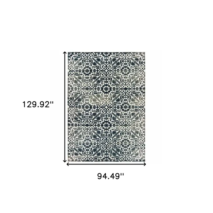 8' X 11' Navy Blue And Ivory Geometric Distressed Area Rug