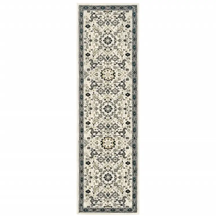 2' X 8' Ivory Navy And Gold Oriental Power Loom Stain Resistant Runner Rug