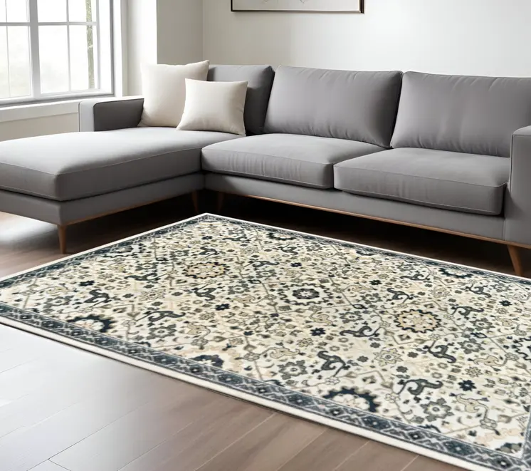 10' X 13' Ivory Navy And Gold Oriental Power Loom Stain Resistant Area Rug