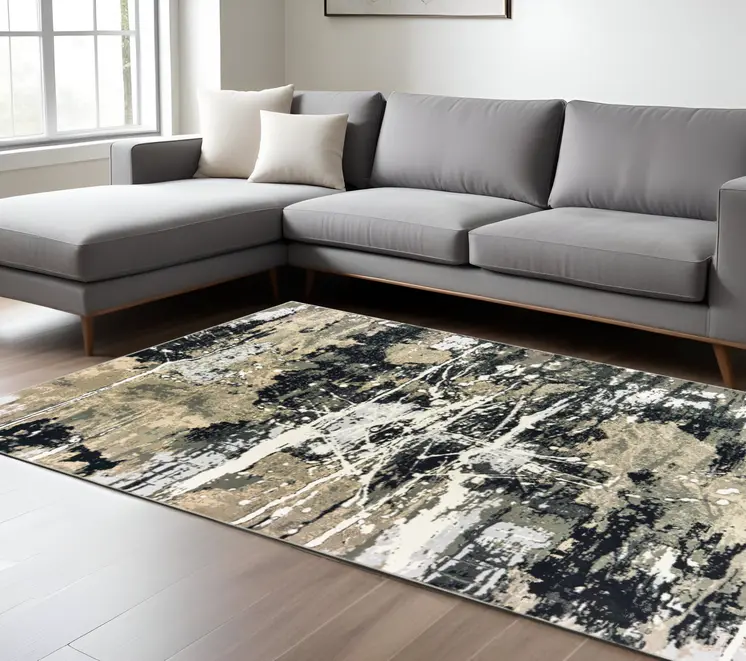 8' X 11' Black And Gold Abstract Area Rug