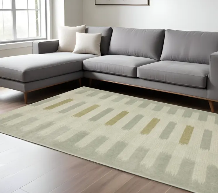 10' X 13' Beige Grey Gold And Green Geometric Power Loom Stain Resistant Area Rug