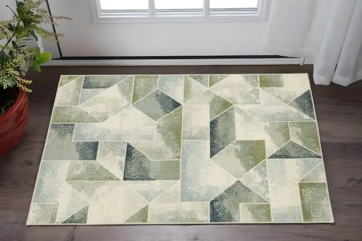 3' X 5' Blue Green Grey Gold And Ivory Geometric Power Loom Stain Resistant Area Rug
