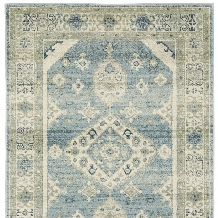 5' X 7' Blue And Beige Oriental Distressed Area Rug