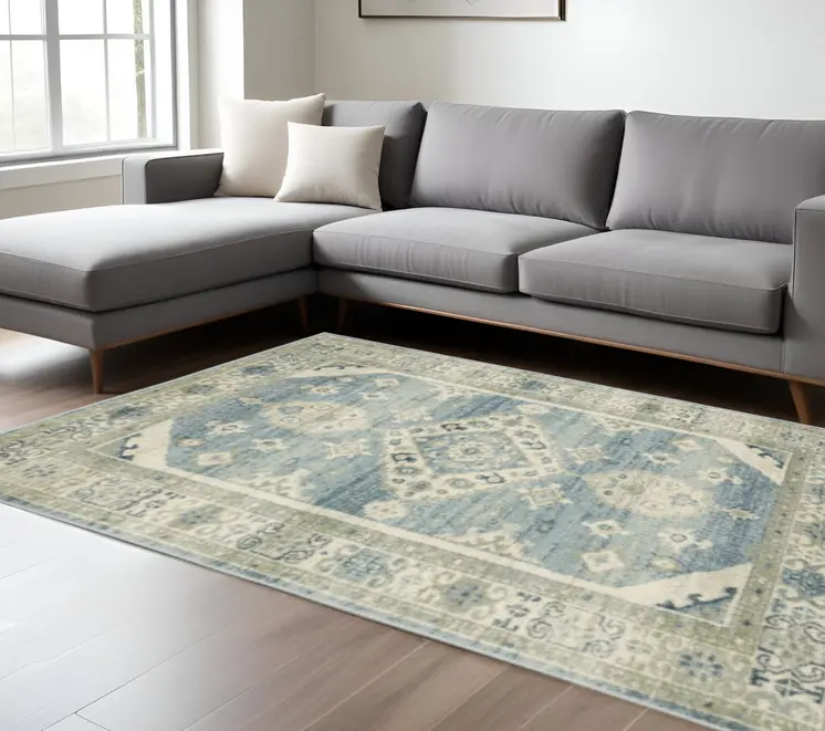 8' X 10' Blue Grey Beige And Teal Oriental Power Loom Stain Resistant Area Rug