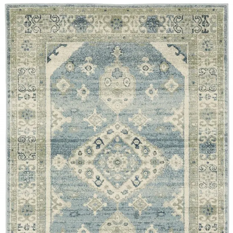10' X 13' Blue Grey Beige And Teal Oriental Power Loom Stain Resistant Area Rug