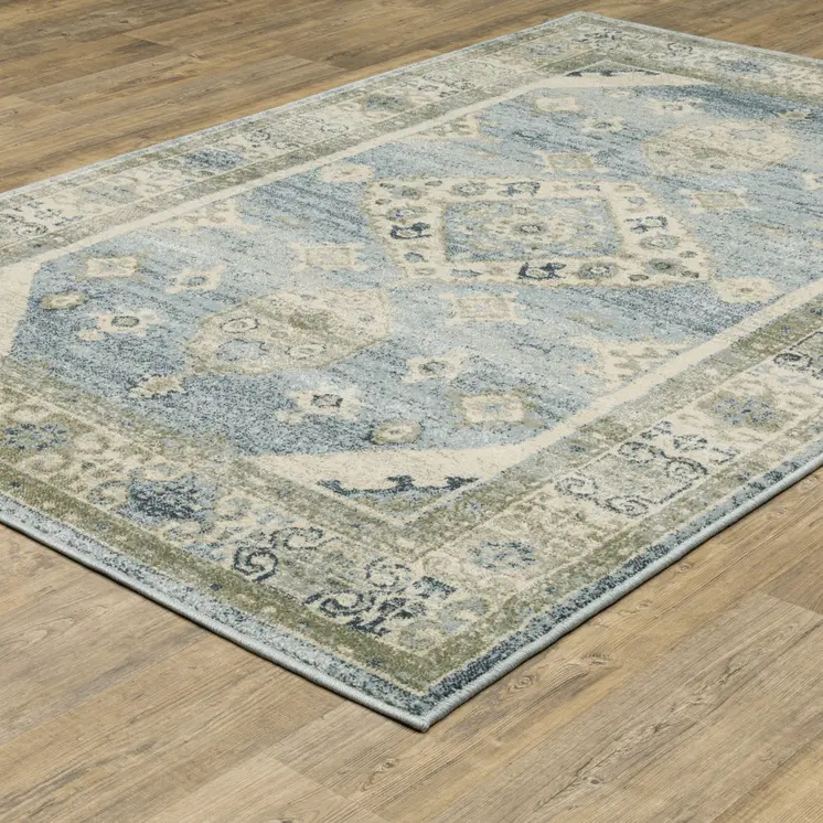 10' X 13' Blue Grey Beige And Teal Oriental Power Loom Stain Resistant Area Rug
