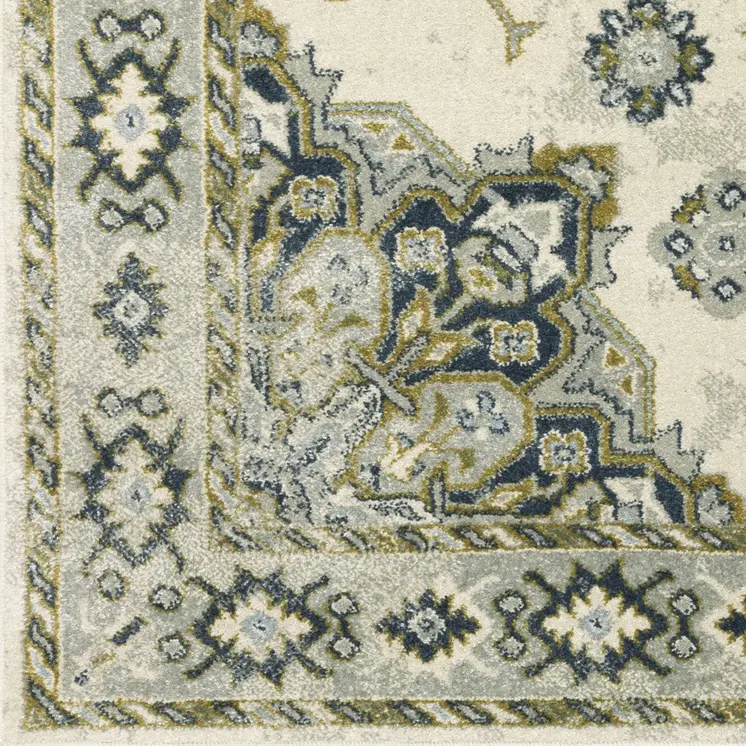 7' X 9' Ivory And Blue Oriental Distressed Area Rug