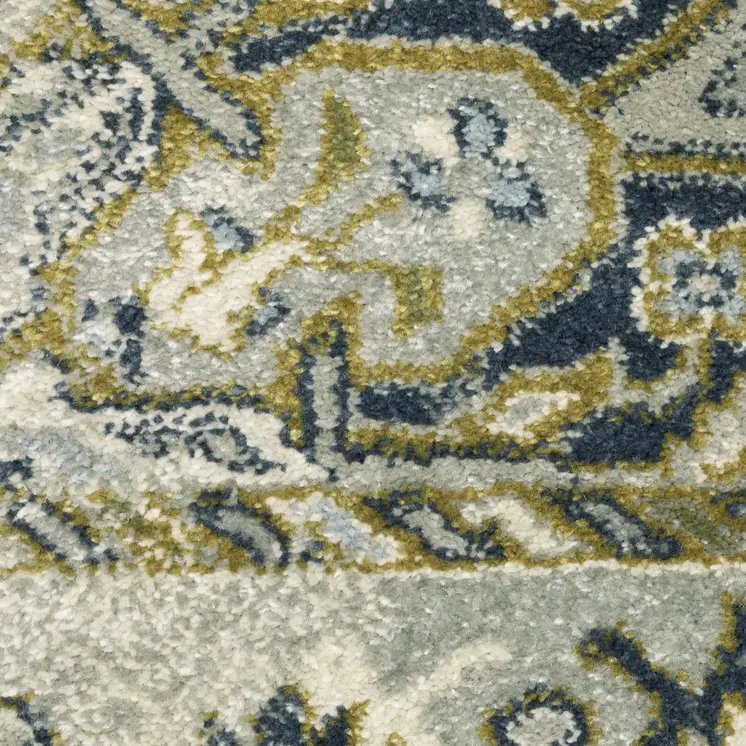 7' X 9' Ivory And Blue Oriental Distressed Area Rug