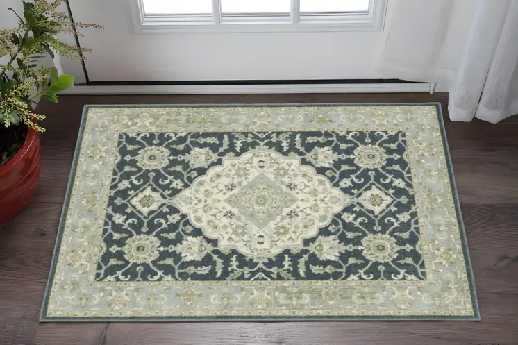 3' X 5' Teal Blue Ivory Green And Grey Oriental Power Loom Stain Resistant Area Rug