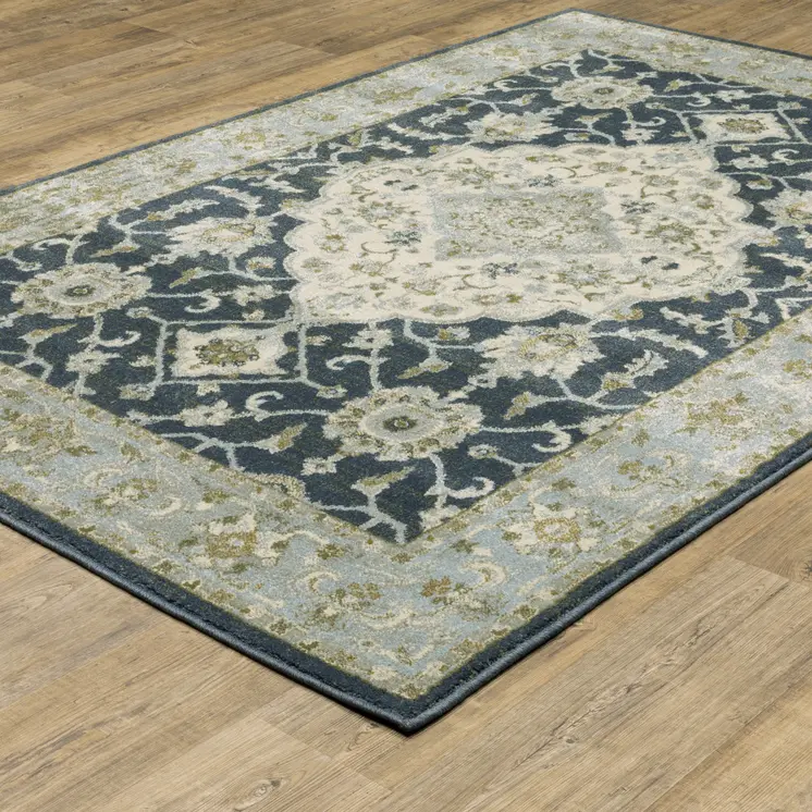 3' X 5' Teal Blue Ivory Green And Grey Oriental Power Loom Stain Resistant Area Rug