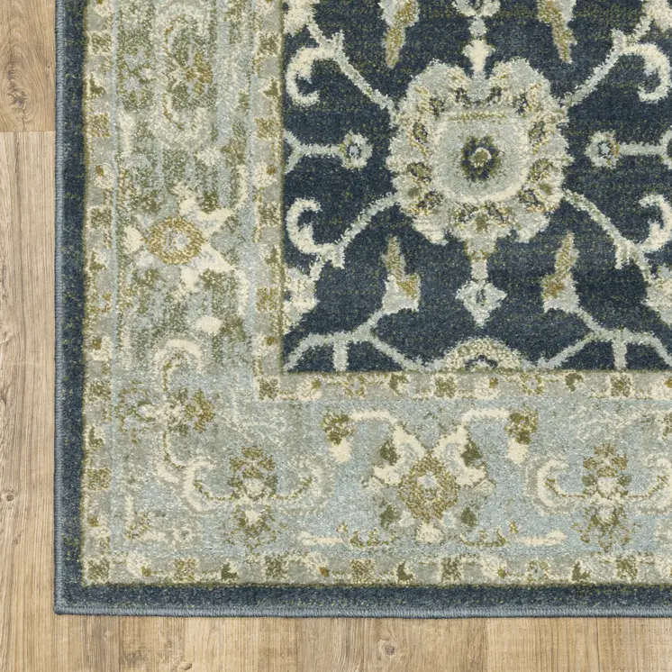 3' X 5' Teal Blue Ivory Green And Grey Oriental Power Loom Stain Resistant Area Rug