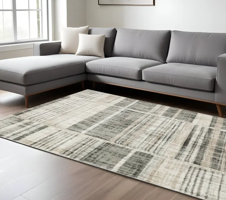 8' X 11' Grey Charcoal Ivory Tan Brown And Beige Geometric Power Loom Stain Resistant Area Rug