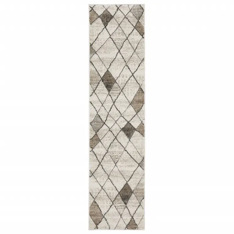 2' X 8' Beige Grey Tan And Brown Geometric Power Loom Stain Resistant Runner Rug