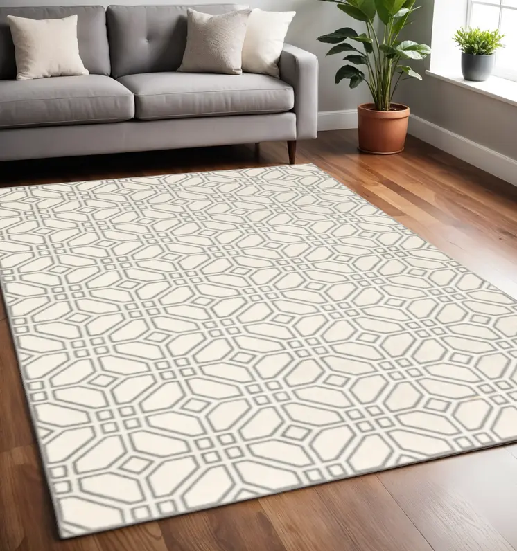 5' X 8' Ivory And Grey Geometric Power Loom Stain Resistant Area Rug