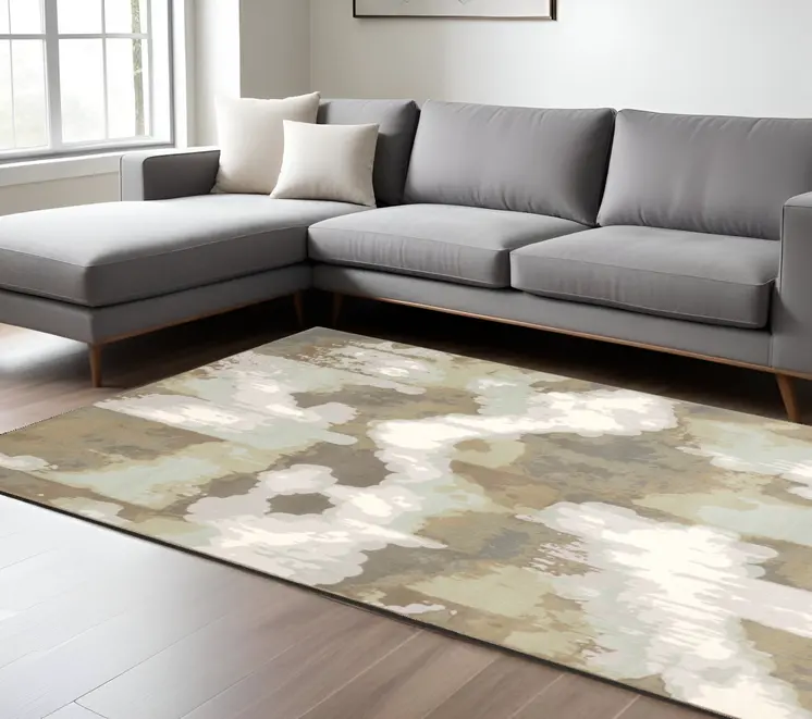 7' X 10' Ivory And Green Abstract Area Rug