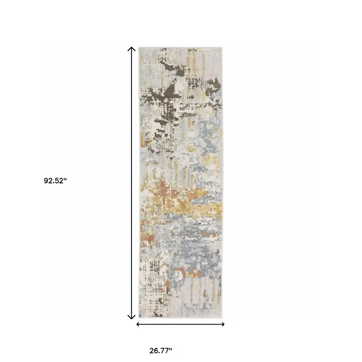2' X 8' Grey Blue Beige Gold And Rust Abstract Power Loom Stain Resistant Runner Rug
