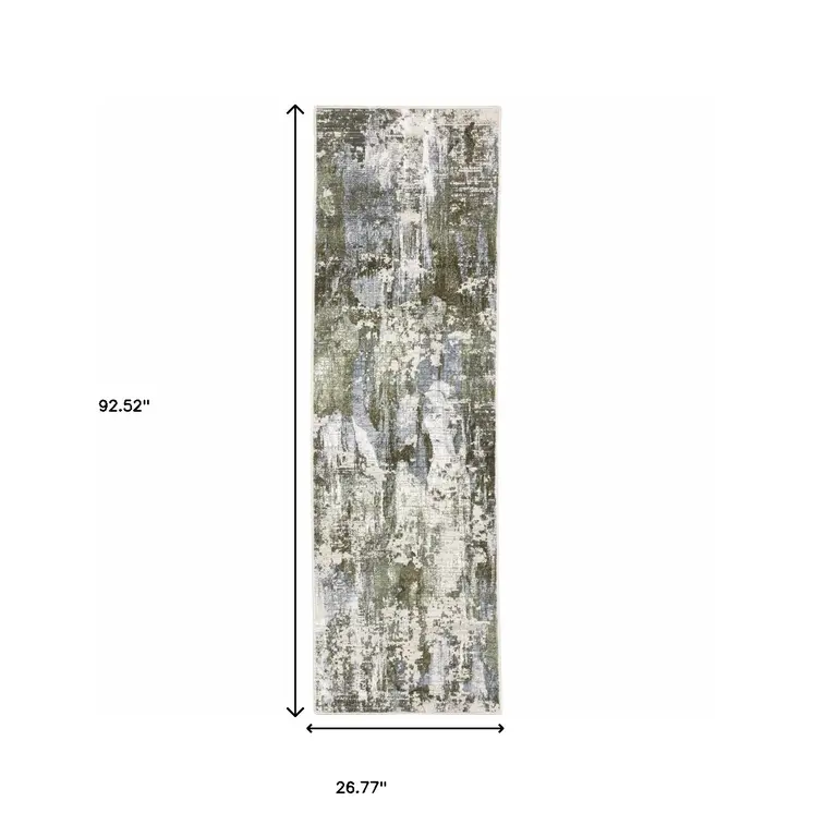 2' X 8' Green Blue Grey Ivory And Brown Abstract Power Loom Stain Resistant Runner Rug