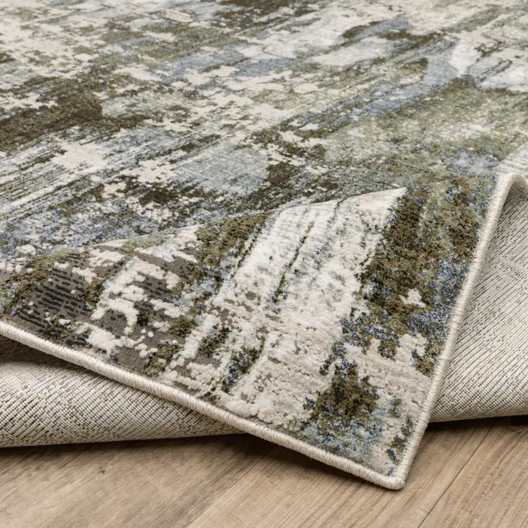 2' X 8' Green Blue Grey Ivory And Brown Abstract Power Loom Stain Resistant Runner Rug