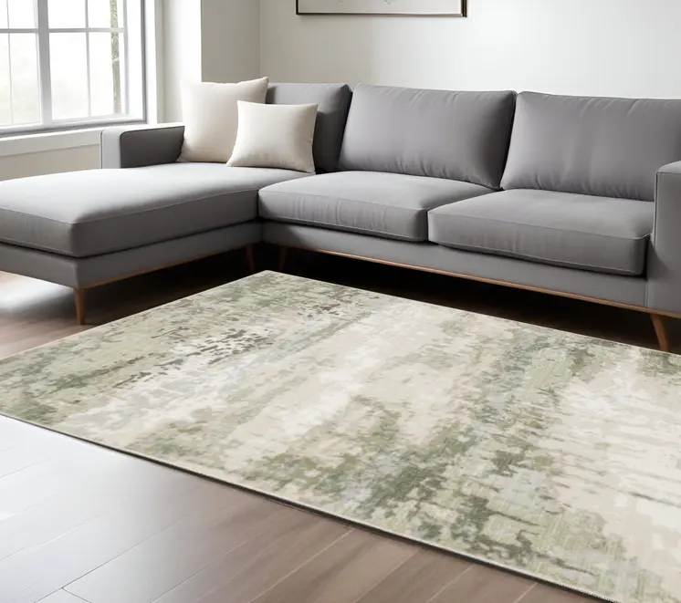 6' X 9' Beige Grey Brown And Sage Green Abstract Power Loom Stain Resistant Area Rug
