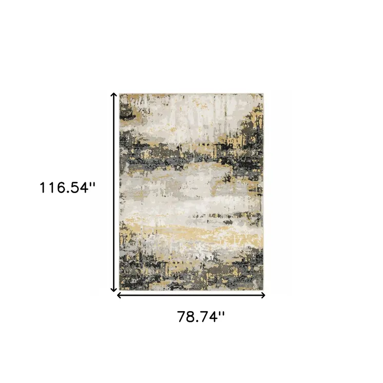 7' X 10' Beige And Gold Abstract Distressed Area Rug