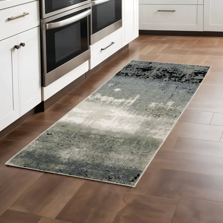 2' X 8' Blue Green Grey And Beige Abstract Power Loom Stain Resistant Runner Rug