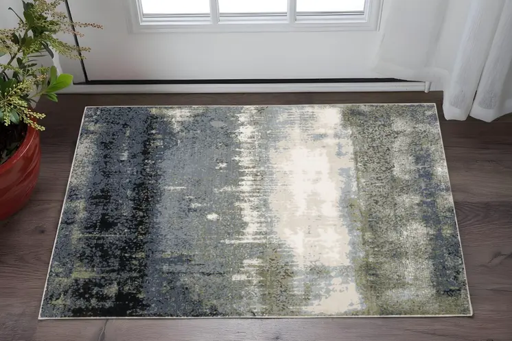 3' X 5' Blue Green Grey And Beige Abstract Power Loom Stain Resistant Area Rug